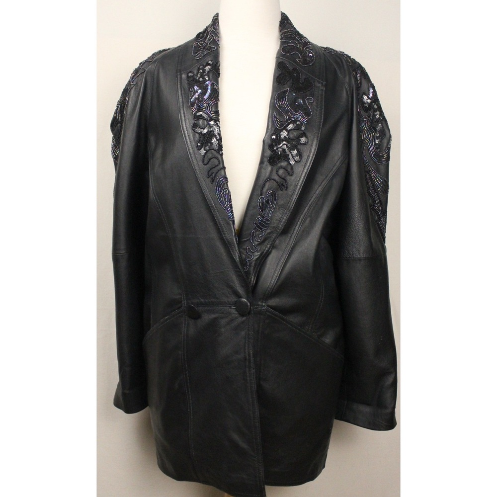 Vintage 80s Kezia Leather Jacket Beaded Sequin Power Shoulder‎ Statement Coat 10
